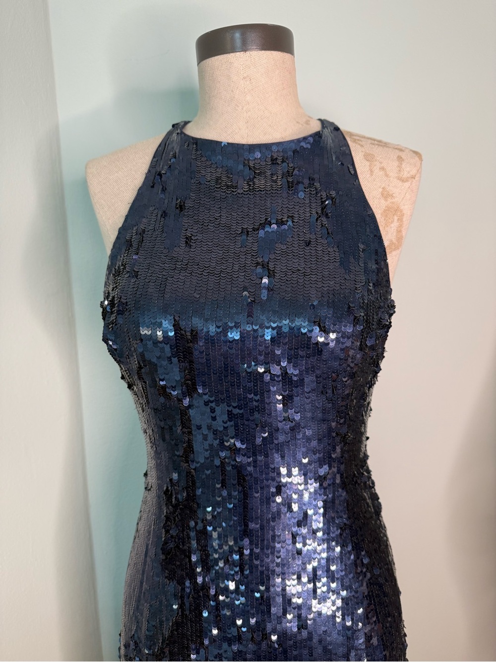 100% Silk Navy Sequin Halter Gown | Open Cross Back